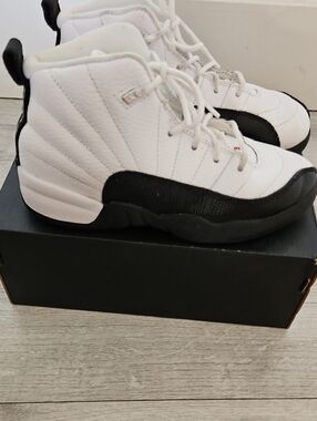 Jordan 12 Retro Kids White and Black High-Top Sneakers with Red Accent